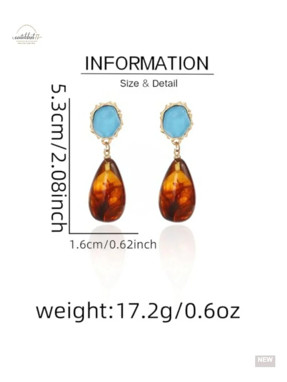 Vintage Blue Resin and Amber Teardrop Dangle Earrings Bohemian Irregular